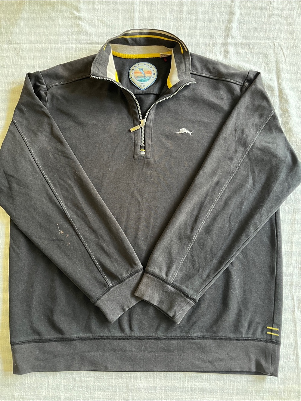 Tommy Bahama Dark Gray Cotton Quarter-Zip Pullover with‎ Yellow Trim
